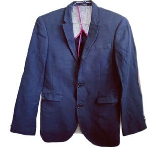 MW Men's Linen Blend Blazer 38R Navy Blue Altamoda Sport Coat Elbow Patch Jacket